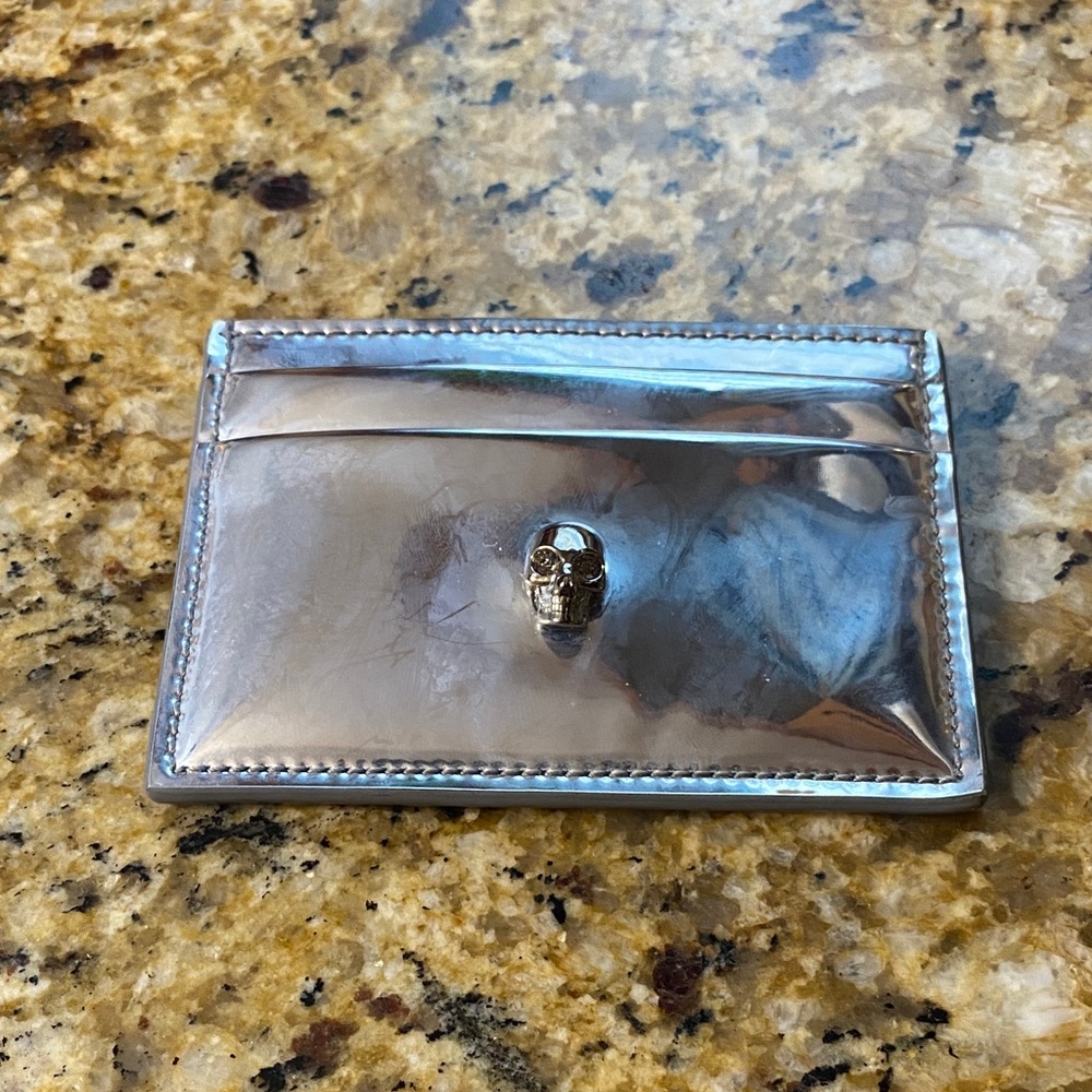 Authentic Alexander McQueen Metallic Card Holder with Skull